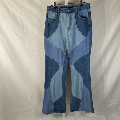 SHEIN Women's Flared Jeans Blue Denim Patchwork Button Zip 5-Pocket