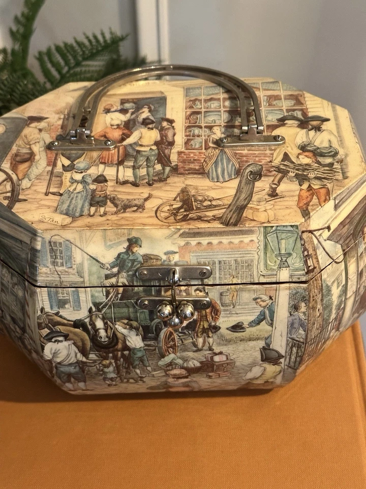 Vintage Decoupage Wood Box Purse Tan / Anton Pieck Style - Image 2 of 4