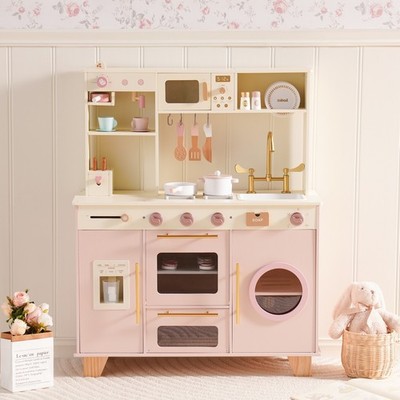 ROBUD Pink Baking Kitchen  Wooden Pretend Play Kitchen Set for Toddlers Gifts