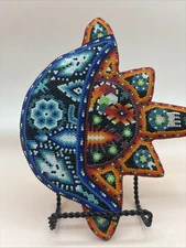 Vintage Mexican Folk Art Huichol Hand Beaded Sun & Moon on Wood Oak Beautiful