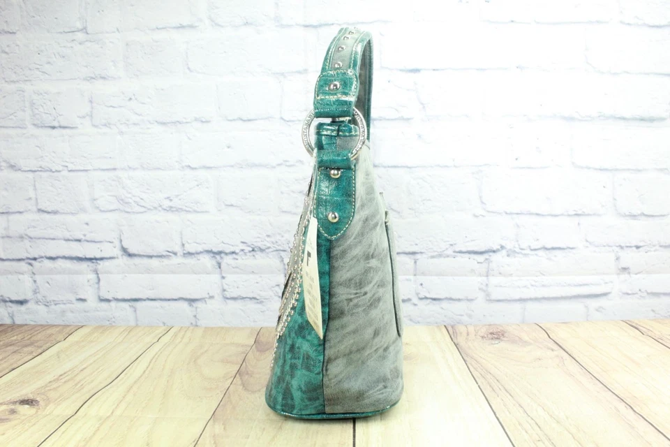 Bolso de Mano Montana West Medalla Caballo Ornamento Verde Gris Asa Única RARO Foto 2 de 4