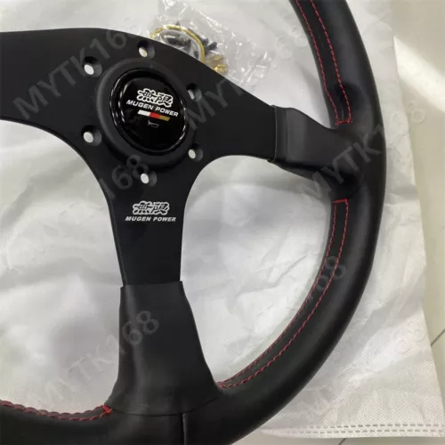Mugen Genuine Leather Steering Wheel 340mm Flat bracket Drift Horn Red Stitching - Picture 6 of 8
