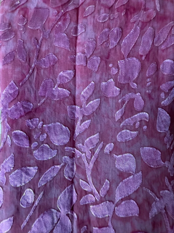 60”x 40” Hand Dyed Sheer Silk Fabric Deep Pink satin leaf design overall TRIMMED - Image 3 of 4