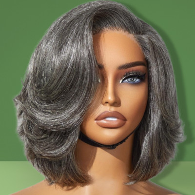 Salt & Pepper Layered Bob Wig Glueless Pre-Cut Lace Pixie Cut Gray Hair
