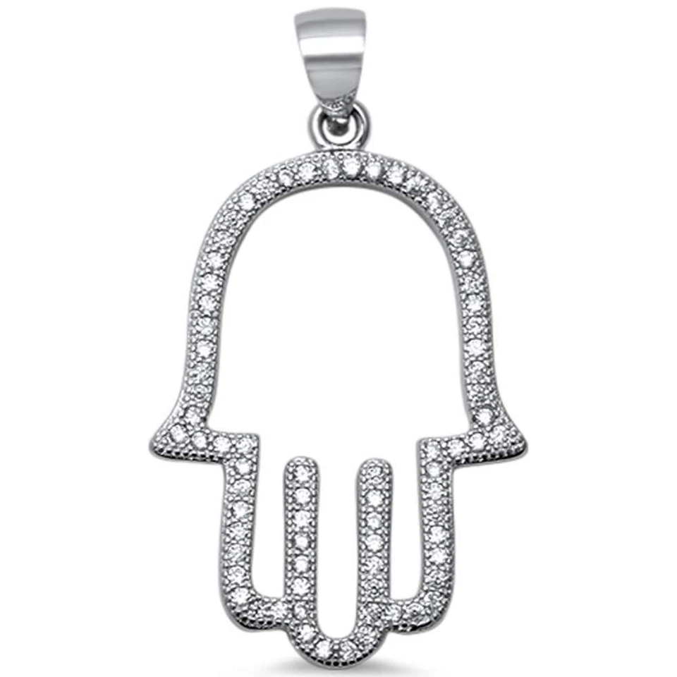 ¡De moda! Colgante de plata de ley .925 mano de Hamsa de circonita cúbica 1,4" Foto 2 de 2
