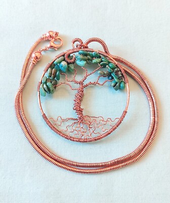 Solid Copper Wire Wrap Turquoise Tree Of Life Pendant Necklace 20in Snake Chain
