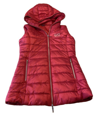 Armani EA7 Emporio Womens Hooded Puffer Vest M Red Quilted Gilet Full Zip Logo
