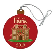 Our New Home 2019 Gingerbread House on Red Wood Christmas Tree Holiday Ornament