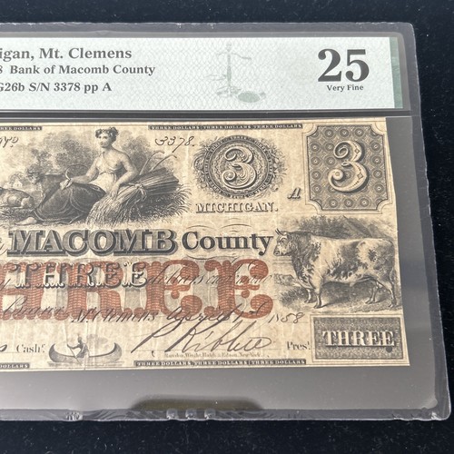 SASA 1858 $3 The Bank of Macomb County Mt. Clemens Michigan Pmg Vf25 Top Pop - Picture 3 of 7
