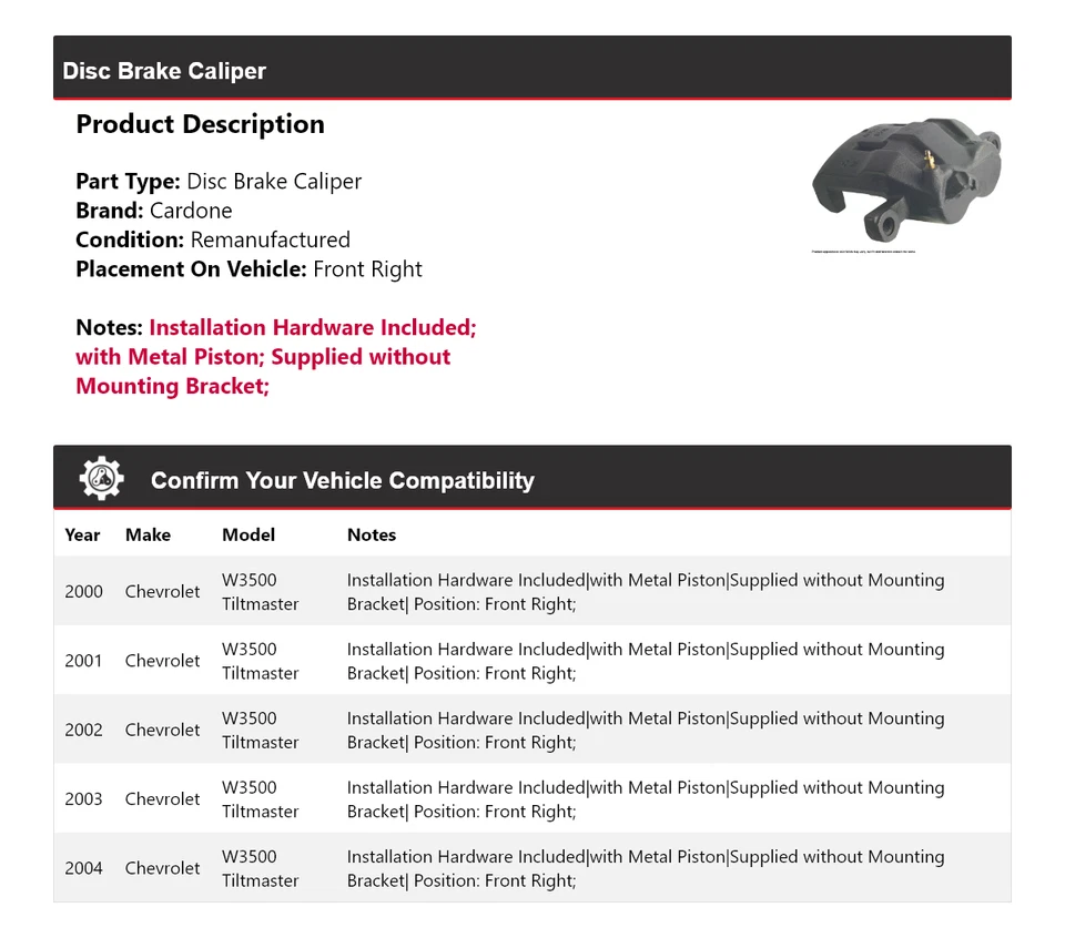 Pinça de freio a disco dianteira direita Cardone para 2000-2004 Chevrolet W3500 Tiltmaster - Imagem 2 de 4