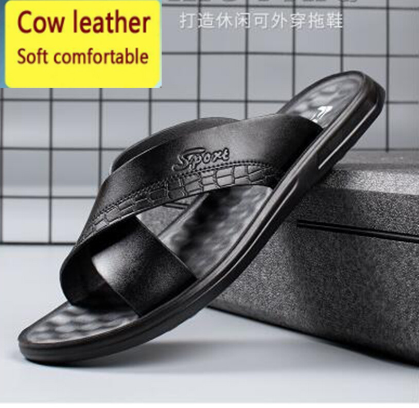 Men Genuine Leather Summer Casual Simple Fashion Beach Shoes Soft Home  Slippers | eBay