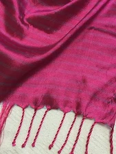 Beautiful Metallic Pink Scarf With Thin Blue Stripes And Fringed Edges EUC