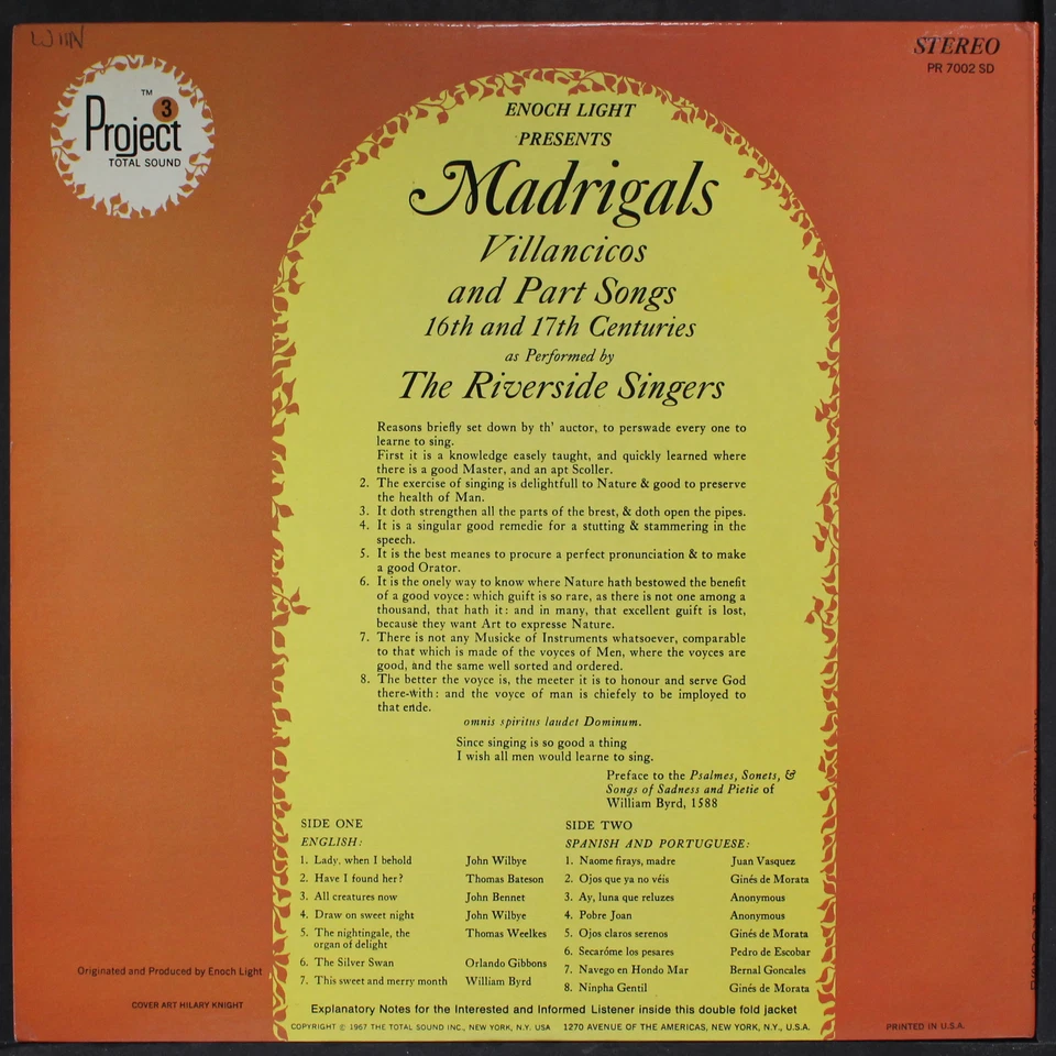 RIVERSIDE SINGERS: enoch light presents: madrigals, villancicos and part songs - Image 2 of 2