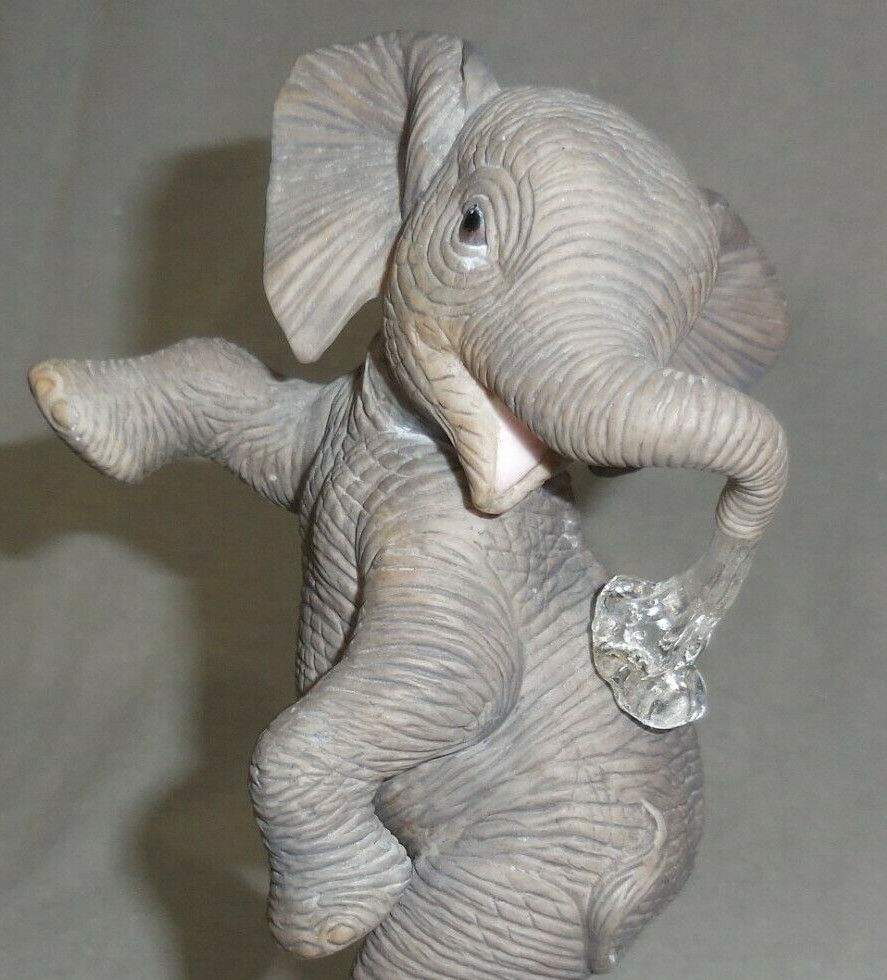 Baby Elephant Bathing Figurine Spraying Water Standing In Pool Small Chip