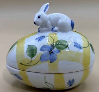 Bunny Rabbit Porcelain Yellow & White Trinket Box with Blue Flowers And Lid