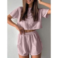 Eyelet Round Neck Top and Shorts Set
