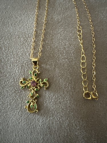 Green Leaves On A Pretty Cross With Pink Stone Pendant Necklace - Picture 13 of 13