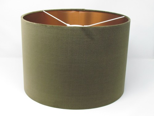 * SALE * Lampshade Olive Green Velvet Brushed Copper Drum Light Shade - Picture 2 of 12