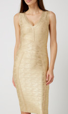 Lipsy Gold Bandage Midi Dress Size 14 Party Occasion Club Plunge V Neck Wedding
