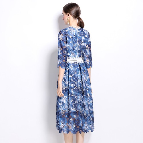 Floral Print Crew Neck Hollow Out 3/4 Sleeve Women Casual Party Midi Lace Dress - Bild 3 von 46