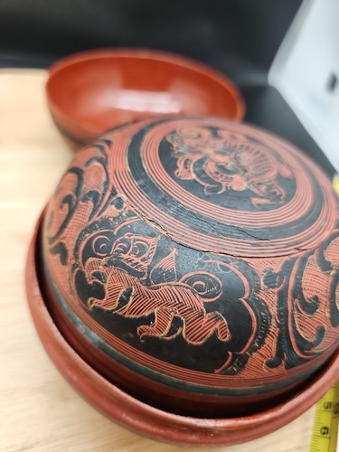 Old Burmese/Myanmar Cinnabar Laquer Bamboo Round Nesting Boxes - Picture 22 of 24