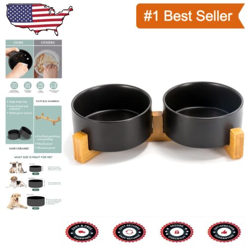 Elegant Black Ceramic Dog Bowl Set with Easy Clean Wooden Stand for Large Dogs