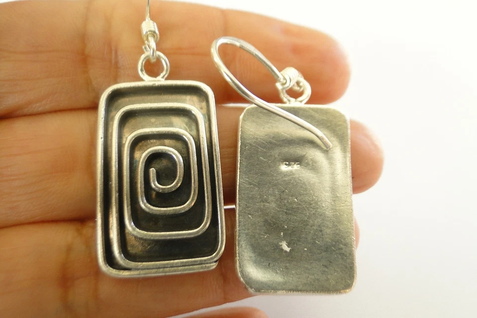 Plain Sterling Silver Earrings Hill Tribe No Stone Oxidized Rectangle 925 - Image 3 of 3