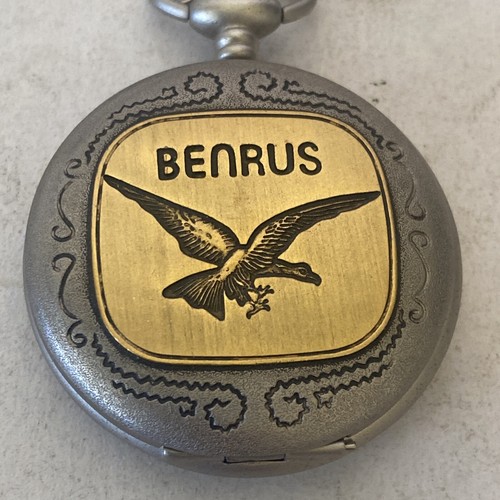 BENRUS Pocket Watch Quartz with Date Eagle Design On Case Japan Movt - Picture 2 of 8