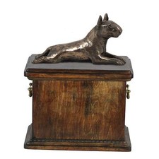 Solid Wood Casket Bull Terrier Lying Urn for Dog's ashes,with Dog statue.