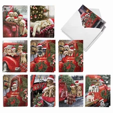 20 Christmas Cards (10 Designs, 2 Each) - Red Truck Puppies AM3375XSG-B2x10
