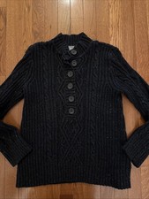 Vintage Liz Claiborne Cable Knit Chunky Sweater Charcoal Speckled Fisherman M