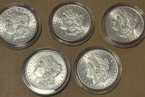 LOT of 5 BU Morgan Silver Dollars 1878-S 1881-O 1882-O 1885 1886 Strong Luster