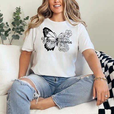 Blessed Mama Damen Ring-Spun T-Shirt Blumen Schmetterling Mama Leben Geschenk für Sie