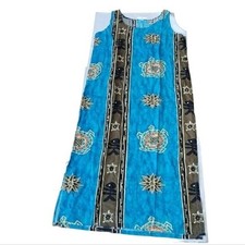 Blue Printed Scoop Neck Long Shift Dress, Large