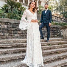 Boho Wedding Dress Lace Flare Sleeve Elegant V Neck Open Back Tassel Bridal Gown