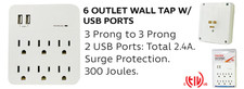 6-Outlet Wall Tap w/ Surge Protector 2 USB Ports - ETL Listed