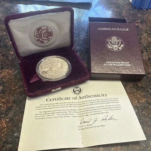 1992-S Proof $1 American Silver Eagle Box, OGP & COA