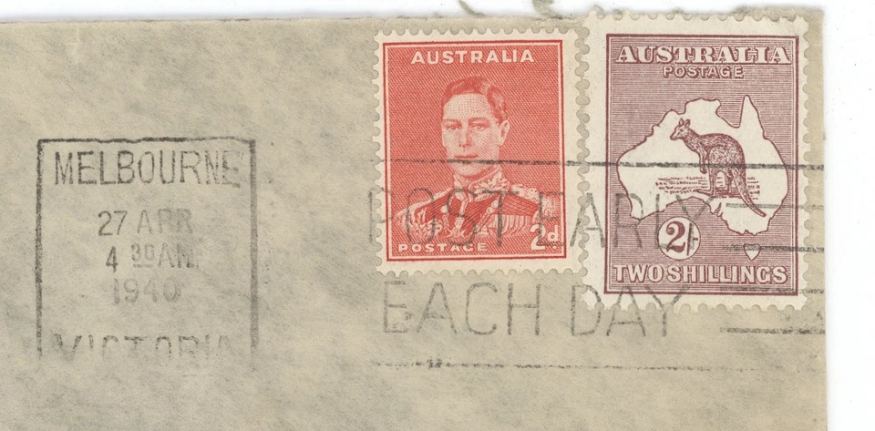 Cubierta de correo aéreo Australia 1940 a EE. UU. 2s Canguro y 2d KGVI Melbourne Cancelar Foto 2 de 3