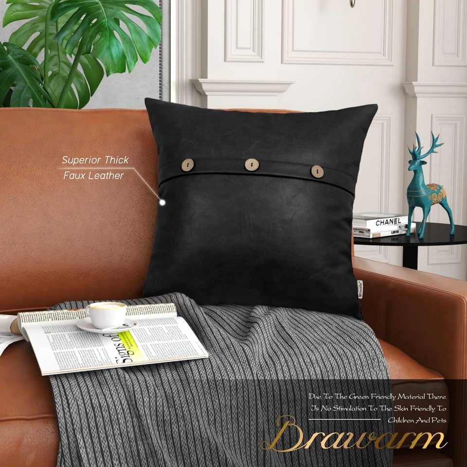 Leather Throw Pillow Covers 20 X 20 Inches, Black Faux Leather Pillow Cover w... - Image 2 of 4
