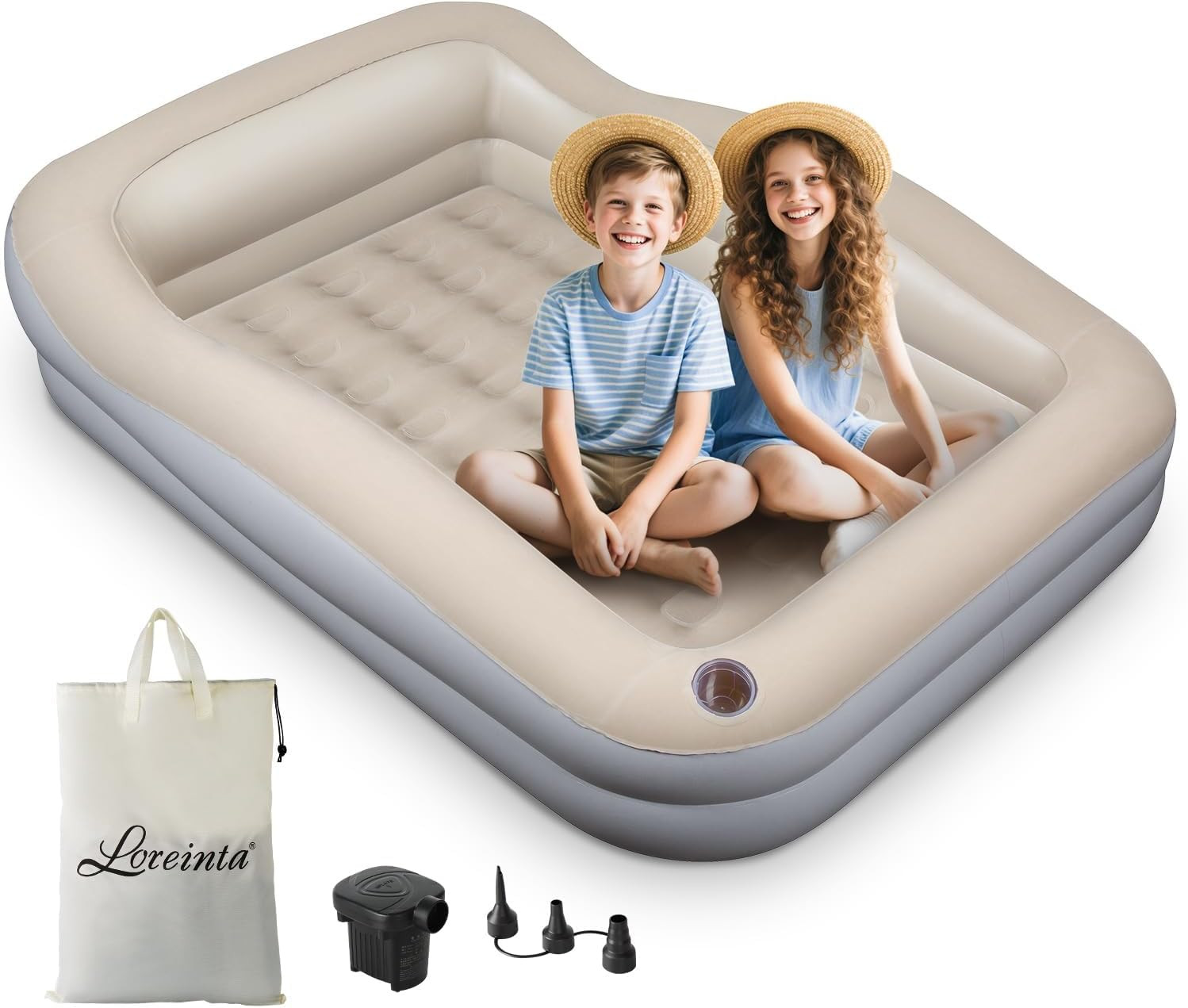 Cama de viaje inflable para niños pequeños - Cama portátil para niños con parachoques de seguridad, bomba y ca