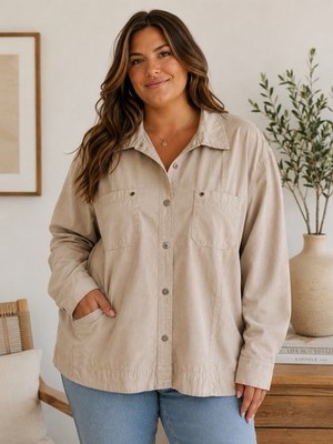 Fresh Produce Beige Button Front Long Sleeve Shirt Jacket Plus Size 1X Safari