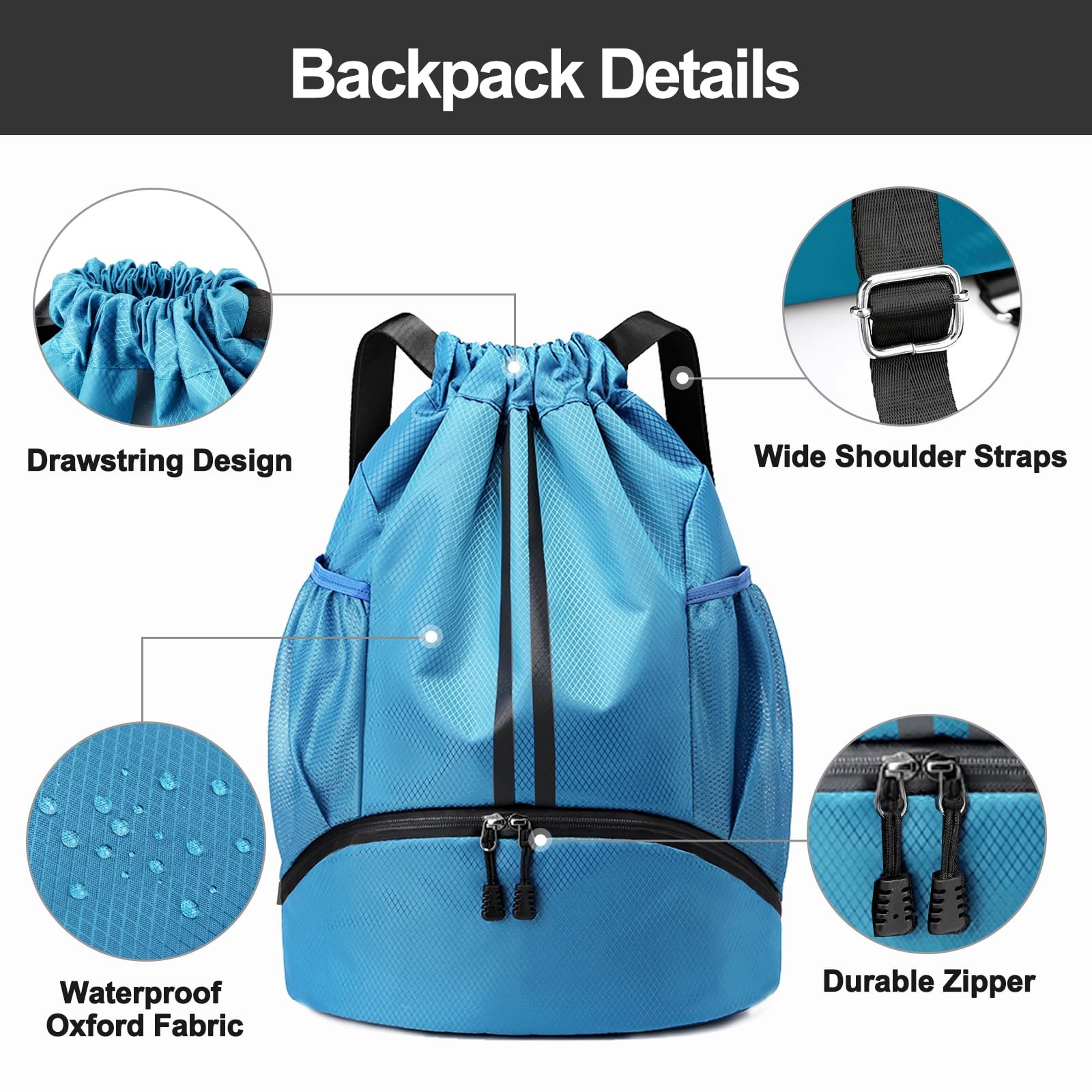 Sports Drawstring Backpack - String Swim Gym Bag with Shoes Compartment and W...