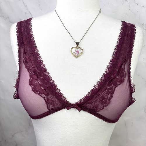 VTG 70s Frederick of Hollywood Sheer Lace Bralette Bra Burgundy S USA Whimsigoth