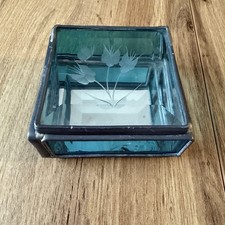 Vtg Small Glass Etched Flowers Brass Trinket Box Beveled Edge Blue