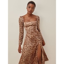 Reformation Maryanne Silk Midi Dress Cat Brown Leopard Tan 6 Women?s