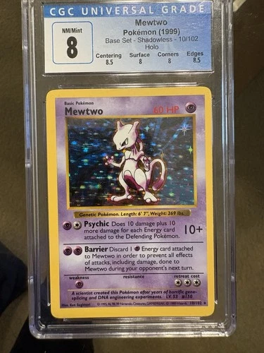 1999 Pokémon TCG Base Set Shadowless Mewtwo Holo Rare CGC 8 10/102 Card Stock