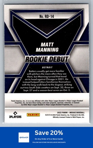 2022 Panini Mosaic #RD-14 Matt Manning Rookie Debut Detroit Tigers I51 - Picture 2 of 2