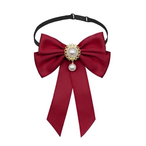 Bow Ties for Girl Women, Girls Bow Tie with Pearls Adjustable Pre-tied Wine Red