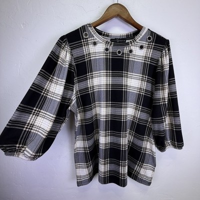 Fred David Woman's Plaid Blouse Size XL Black White Diamonds Chic Classic Career
