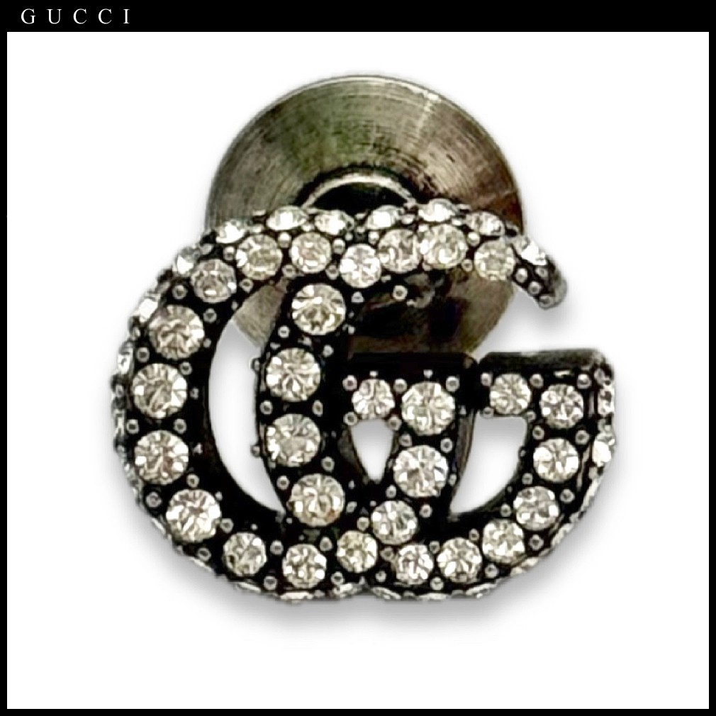 New GUCCI Unisex GG Logo Rhinestone Pin Brooch in Black